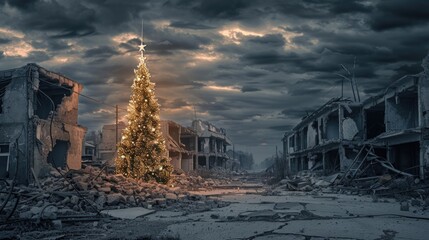 Christmas tree in a war torn city and destroyed buildings Concept of Christmas hope and peace
