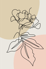 Abstract minimalist card with one continuous line bloom. Neutral earthy floral poster with black linear flower and geometric shapes.