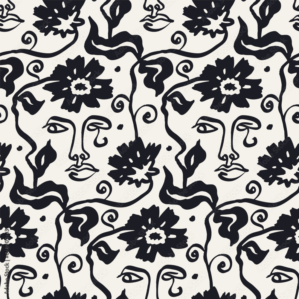 Wall mural black and white brush strokes ink wash flowers and female faces seamless pattern. abstract monochrom - Wall murals