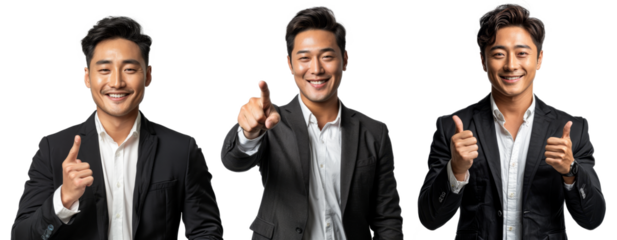 asian business man smile portrait and pointing finger isolated o
