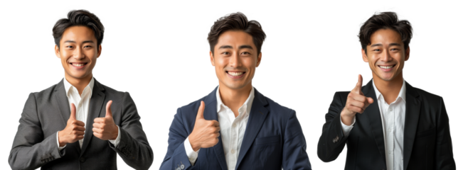 asian business man smile portrait and pointing finger isolated o
