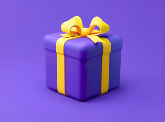 Obraz premium 3D Rendering of Gift Icon Isolated on Purple Background: Colorful Cartoon Floating Present with Yellow Ribbon Bow and Stars - Design Element for Web, Mobile App, Presentation, Holiday Surprise Package