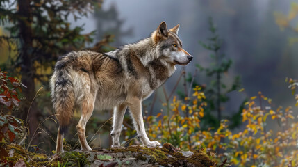 Obraz premium A large gray wolf, with a coat as gray as the mist, blending into its natural surroundings with ease.