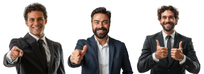 business man smile portrait and pointing finger isolated on a tr