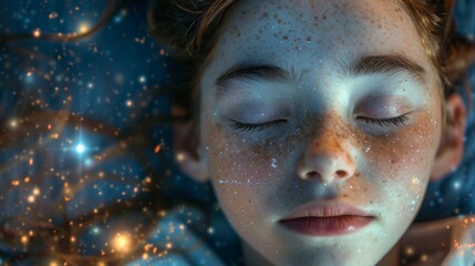 An close-up of a caucasian female human lying on the galaxy space like a pillow at the bright sky of the universe.