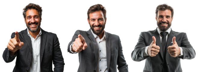 business man smile portrait and pointing finger isolated on a tr