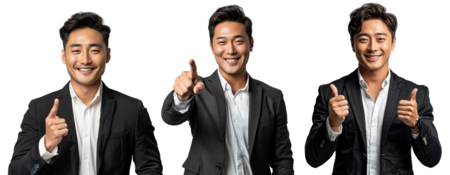 asian business man smile portrait and pointing finger isolated o