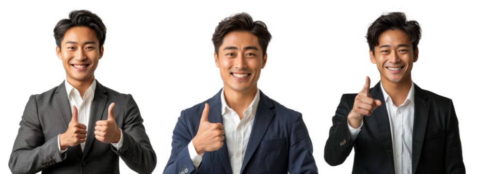 asian business man smile portrait and pointing finger isolated o