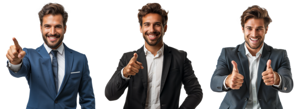 business man smile portrait and pointing finger isolated on a tr