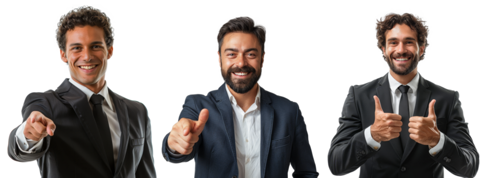 business man smile portrait and pointing finger isolated on a tr