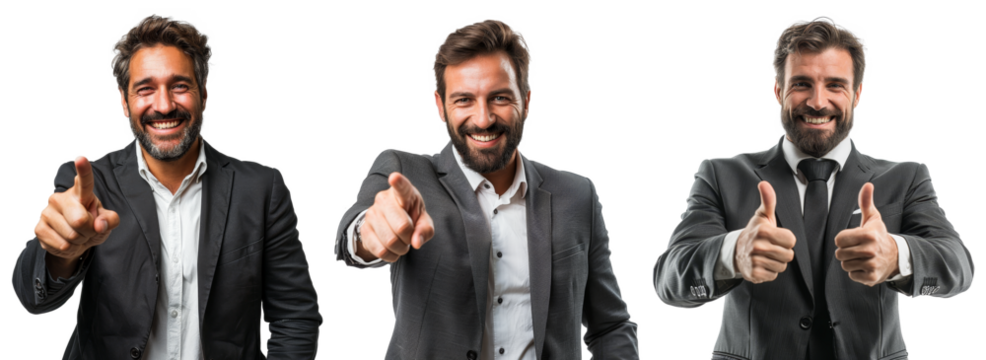 business man smile portrait and pointing finger isolated on a tr