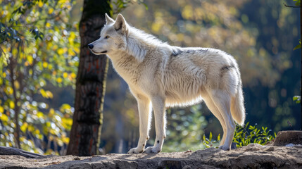 In harmony with nature, a large gray wolf lives life to the fullest in its natural habitat, with a coat that's both fierce and elegant.
