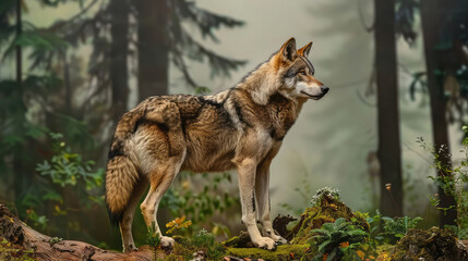 Fototapeta premium A majestic gray wolf, with a thick, luxurious fur, living life on its own terms in its natural habitat.