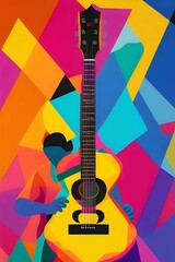 An abstract scene of a musician playing a guitar, capture the essence of music through geometric forms