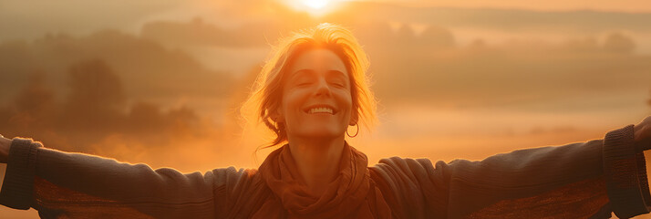 A serene, foggy outdoor landscape clears to reveal a smiling attractive middle-aged woman standing in a bright sunrise, her arms outstretched in joy. - Powered by Adobe