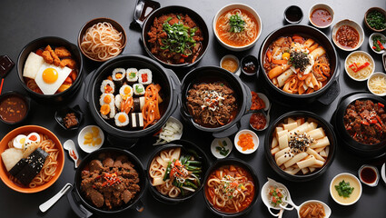 The image contains a variety of Korean food dishes, including japchae, bulgogi, and kimchi.

