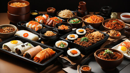The image contains a variety of Korean food dishes, including japchae, bulgogi, and kimchi.

