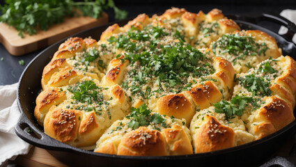 This is a close-up image of a large, golden brown pull-apart bread. The bread is topped with melted...