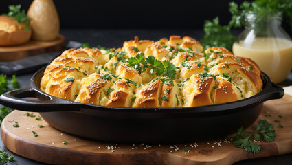 This is a close-up image of a large, golden brown pull-apart bread. The bread is topped with melted...