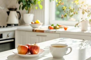 Bright modern kitchen scene with morning coffee, summer breakfast on white table