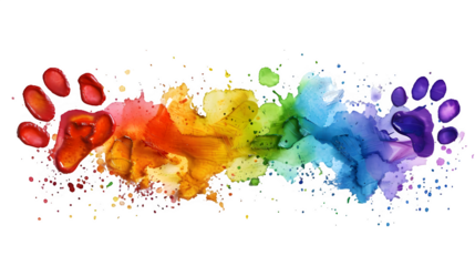Colorful paw marks made with paint splash isolated on a transparent background, PNG, Ai