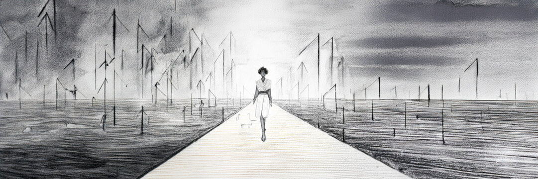 fashion parade - model silhouette walk - grey pencil drawing - minimal symbol trend design
