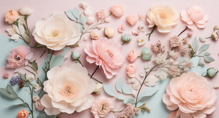 A stunning flat lay of delicate flowers in a range of pastel colors, arranged in a unique and creative layout that will take your breath away.