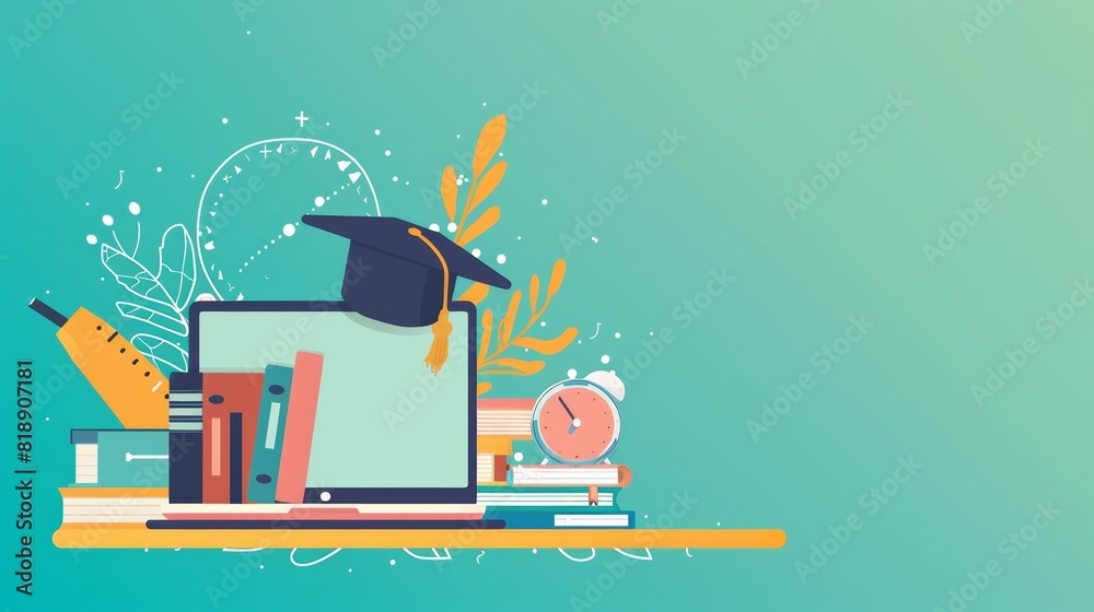 Poster a laptop featuring a graduation cap on top, symbolizing online education and personal development in