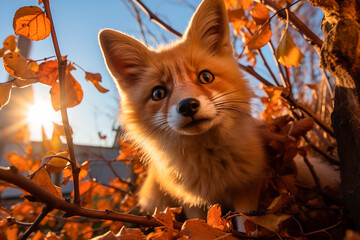 Little fox close-up in autumn leaves, portrait, wild animals in the city line, bottom view - Powered by Adobe