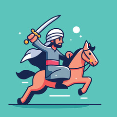 cartoon of a Muslim man riding a horse and holding a sword