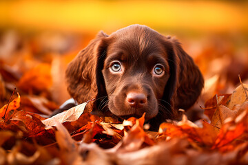 Brown puppy in orange leaves close-up, portrait, autumn, no people