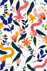 Colorful snakes slither among the flowers