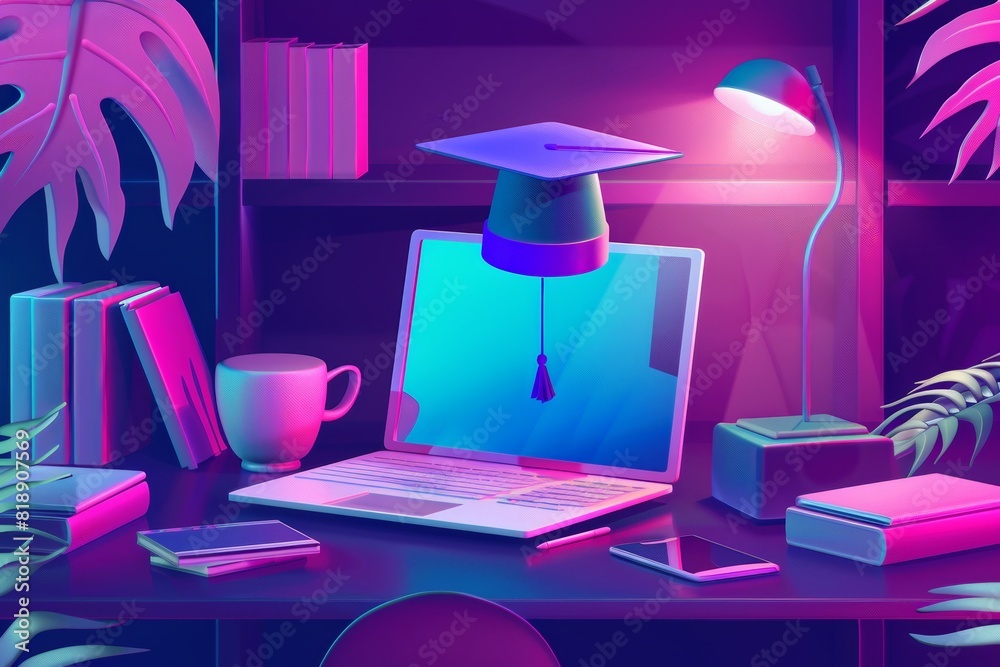 Poster a laptop and a lamp placed on a desk, symbolizing online education, training, and e-learning webinar