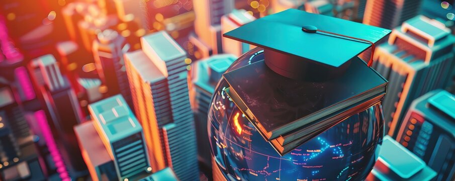 Graduation cap on globe with books city background top view Representing worldwide education and knowledge futuristic 