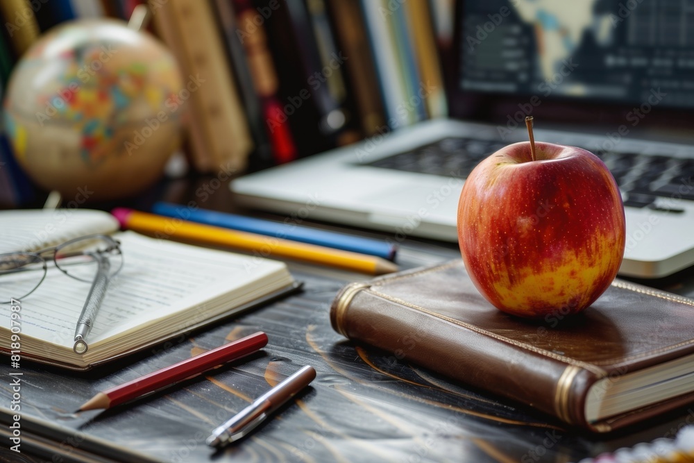 Aufkleber an apple placed on a book next to a laptop, representing the intersection of physical and digital le