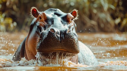 Close up portrait of an African hippopotamus in a river during a safari tour, water splashing