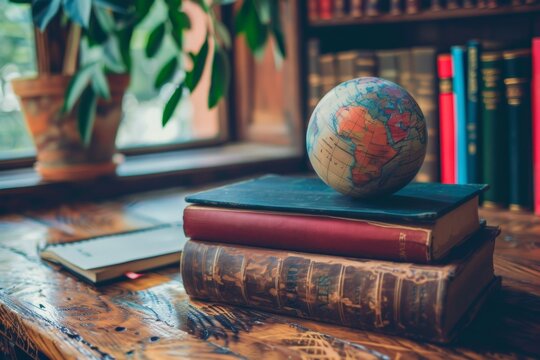 A globe placed on top of two books on a table, representing the concept of online education and training for personal development and professional qualifications. Generative AI