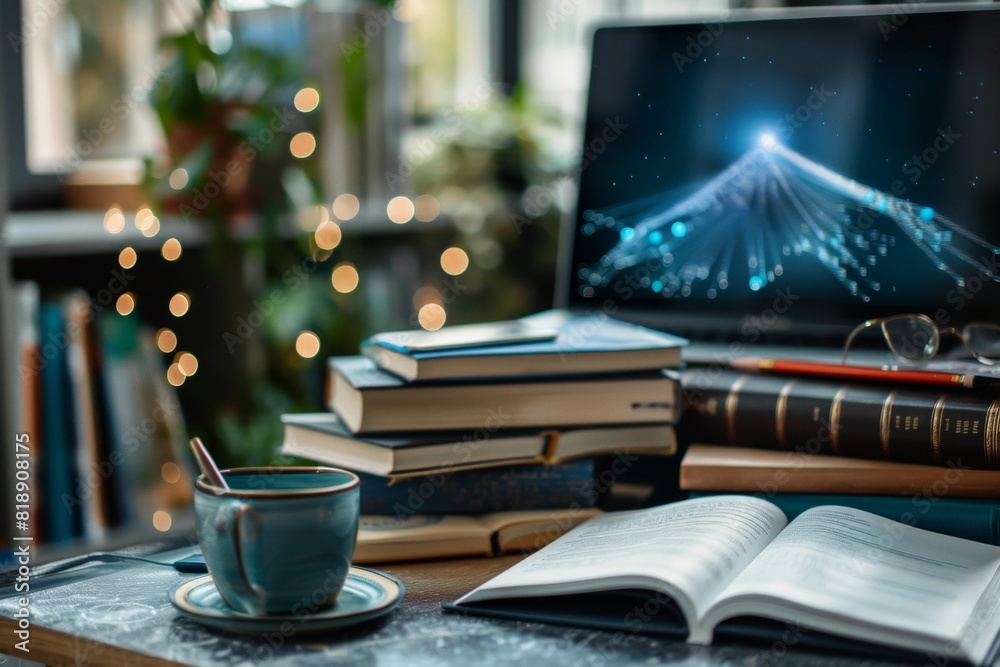 Poster a modern laptop computer placed on top of a wooden desk next to a stack of books, representing a ble