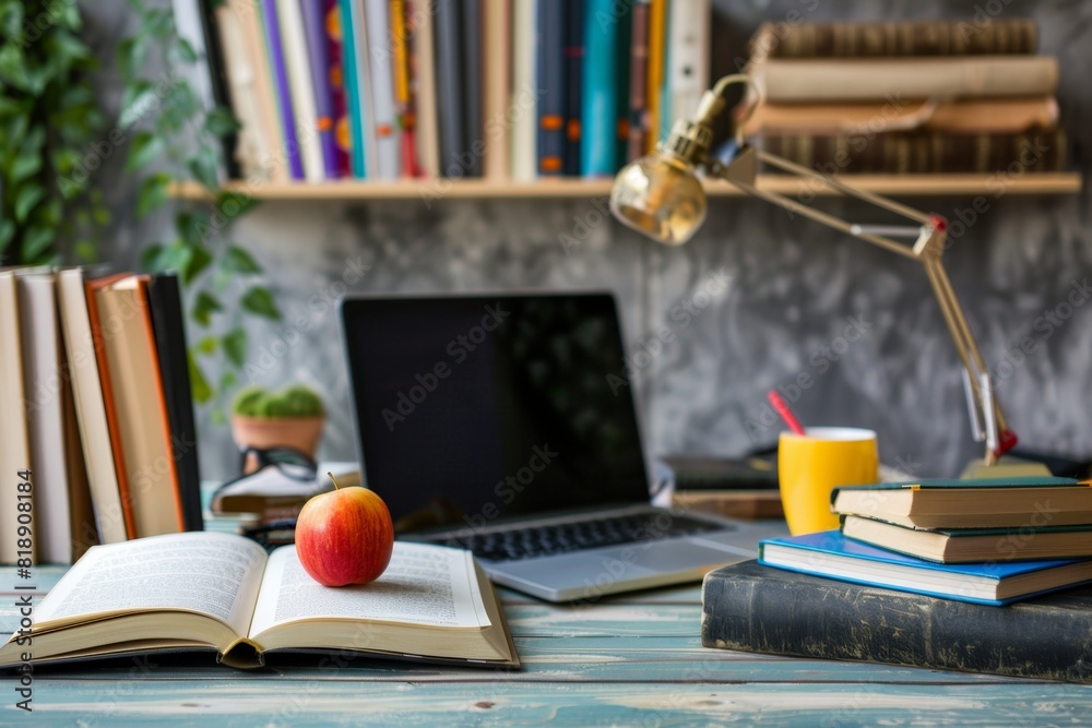 Poster an apple rests on a book next to a laptop, symbolizing an edtech setup for online education and prof
