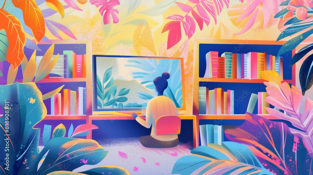 Aufkleber a painting depicting a person seated in a room surrounded by a bookshelf, engaged in reading a book.