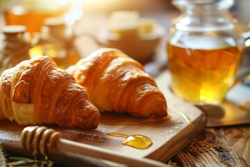 Delicious breakfast with fresh croissants and coffee served with butter and honey