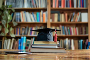 A graduation cap sits atop a stack of books, symbolizing academic achievement and success. Generative AI