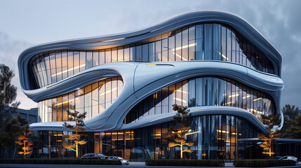 A modern office building with a dynamic, parametric facade that changes with the light
