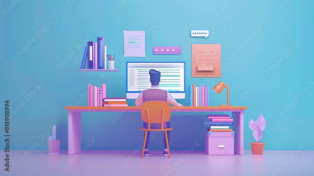 Poster a person is seated at a desk, focused on a computer screen for online education training in edtech. 