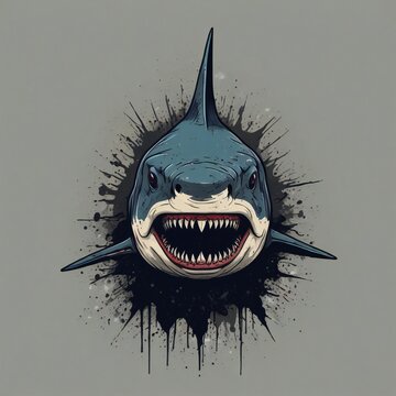 recommend clip art: illustration of a vicious shark monster. Aggressive shark monster, jagged fins and menacing expression.