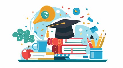 A pile of books with a graduation cap on top of it, symbolizing academic achievement and completion of studies. Generative AI