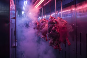 Meat on hooks in a pink room with smoke, creating an entertaining atmosphere