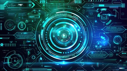 Futuristic digital interface with glowing blue HUD elements, abstract technological background depicting a high-tech cyber innovation.