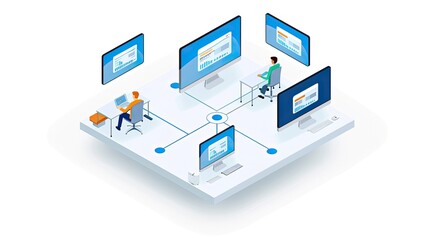 Obraz premium Isometric illustration of remote work setup with multiple monitors, representing collaboration and virtual teamwork in a digital office environment.