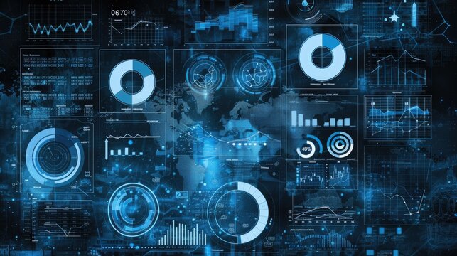Digital abstract of data analysis, charts, and graphs showcasing technology, business intelligence, and futuristic analytics in a blue hue.
